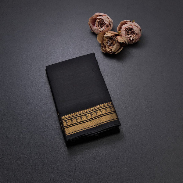 Chettinad Cotton Black Plain Saree Zari Border Without Blouse