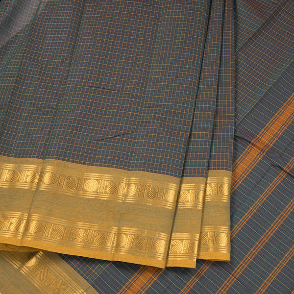 Chettinad Cotton Dark Green Checked Saree With Retta Petta Ganga Jamuna Border Without Blouse