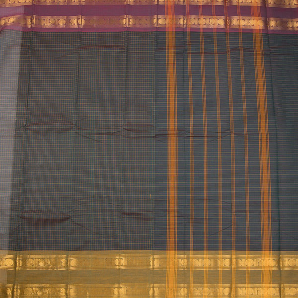 Chettinad Cotton Dark Green Checked Saree With Retta Petta Ganga Jamuna Border Without Blouse