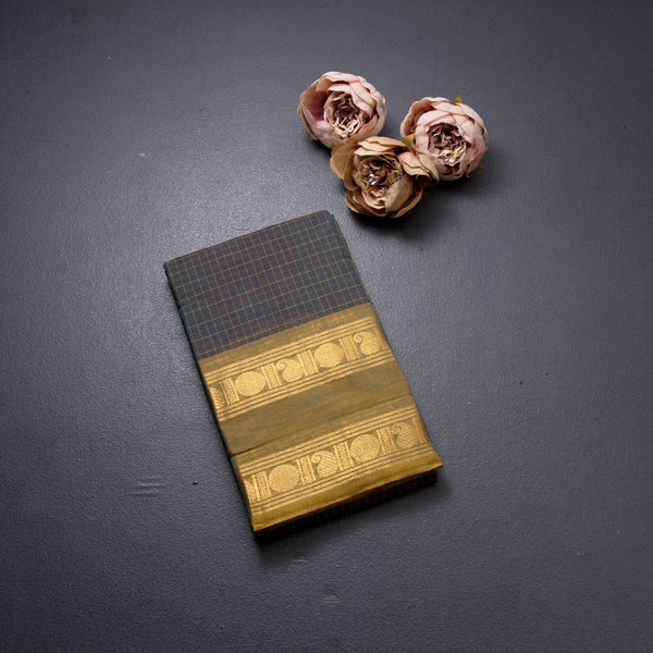 Chettinad Cotton Dark Green Checked Saree With Retta Petta Ganga Jamuna Border Without Blouse