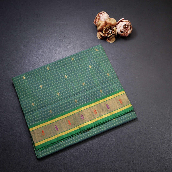 Venkatagiri Handloom Cotton Checked Fern Green Saree