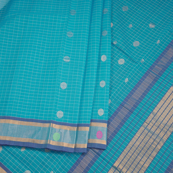 Venkatagiri Handloom Cotton Checked Dark Turquoise Blue Saree