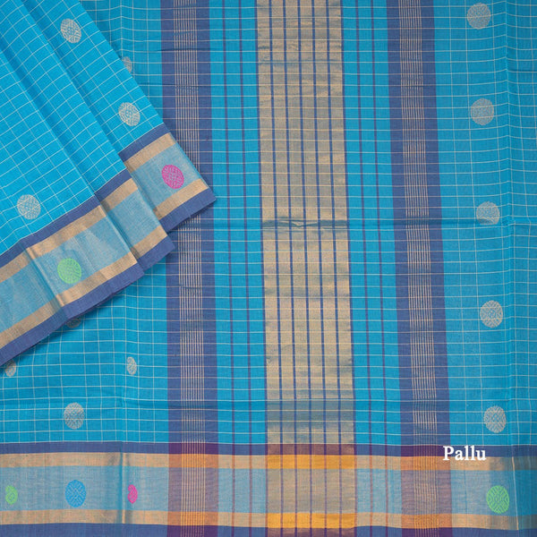 Venkatagiri Handloom Cotton Checked Dark Turquoise Blue Saree