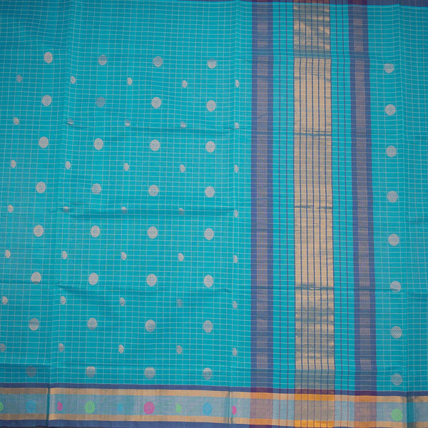 Venkatagiri Handloom Cotton Checked Dark Turquoise Blue Saree