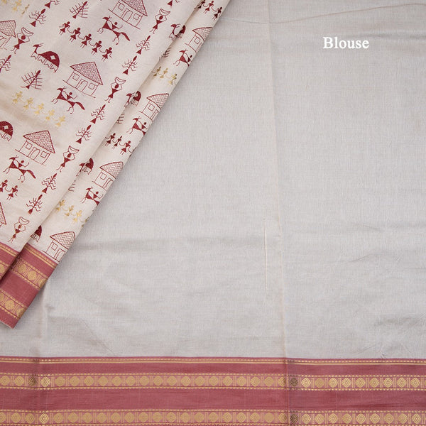 Cream Semi Raw Silk With Kalamkari Design Thread Embroidered Saree