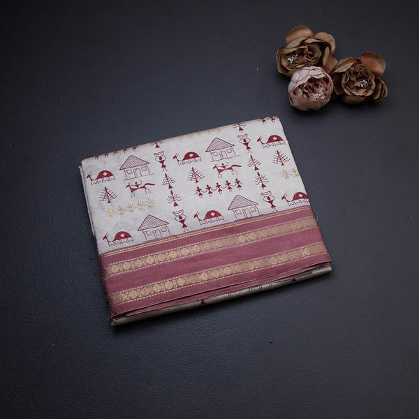 Cream Semi Raw Silk With Kalamkari Design Thread Embroidered Saree