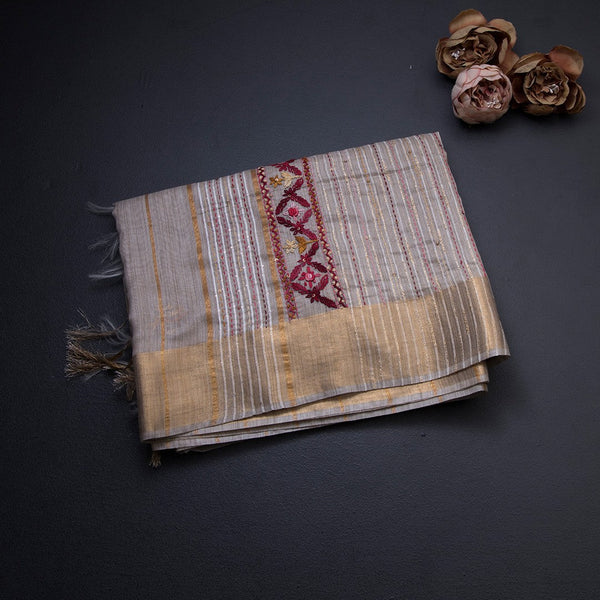 Cream Semi Linen Thread Embroidered Saree 06