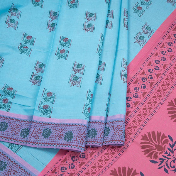 Sky Blue Poly Cotton Printed Saree