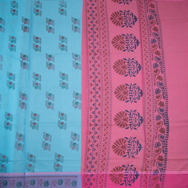 Sky Blue Poly Cotton Printed Saree