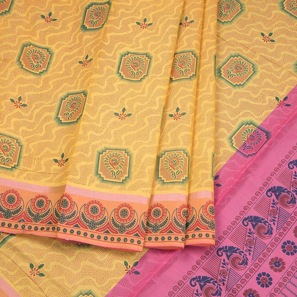 Yellow Poly Cotton Printed Saree