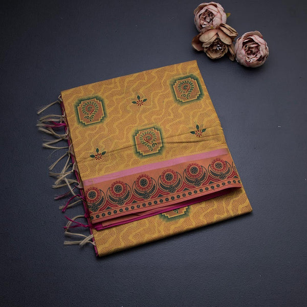 Yellow Poly Cotton Printed Saree