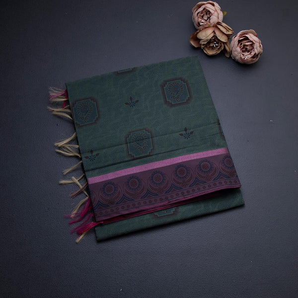 Dark Green Poly Cotton Printed Saree 03