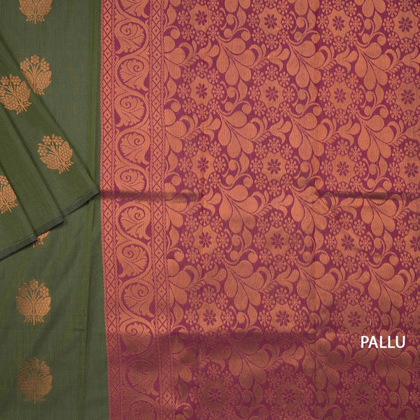 Silk Cotton Dark Green Zari Worked Saree 06