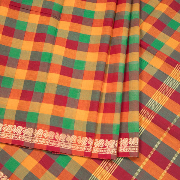 9 Yards Multi Colour Chettinad Cotton Checked Saree And Simple Thread Border Without Blouse 06