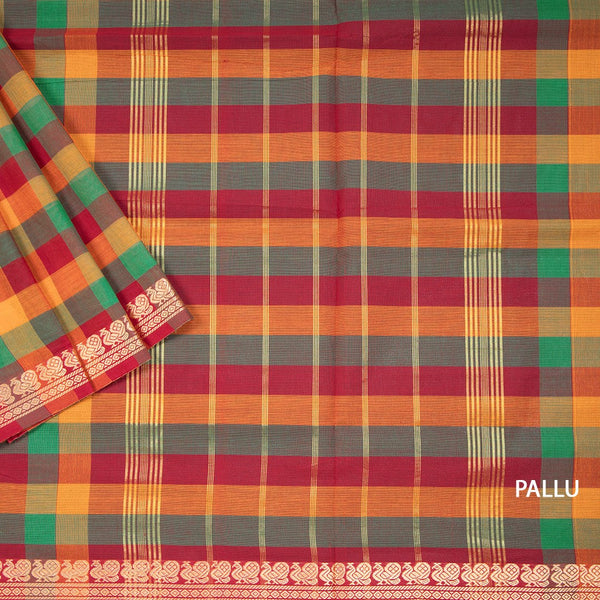 9 Yards Multi Colour Chettinad Cotton Checked Saree And Simple Thread Border Without Blouse 06