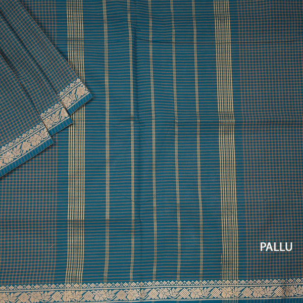 9 Yards Blue Chettinad Cotton Micro Checked Saree And Simple Thread Border Without Blouse 03