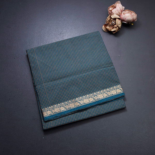 9 Yards Blue Chettinad Cotton Micro Checked Saree And Simple Thread Border Without Blouse 03
