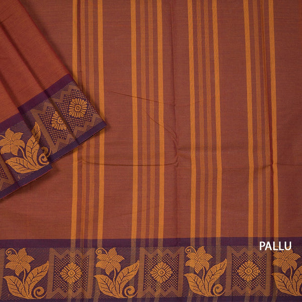 Brown Chettinad Cotton Floral Thread Border Without Blouse