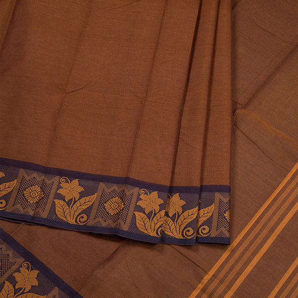 Brown Chettinad Cotton Floral Thread Border Without Blouse 02