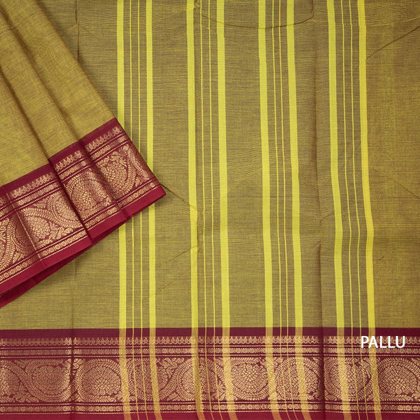 Olive Green Chettinad Cotton Zari Thread Border Without Blouse