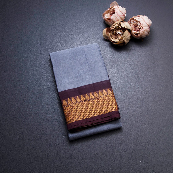 Grey Chettinad Cotton Thread Border Without Blouse