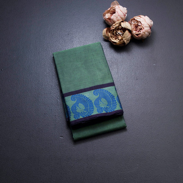 Green Chettinad Cotton Thread Border Without Blouse 02