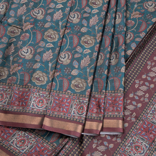 Semi Raw Silk Green Floral Printed Saree 03