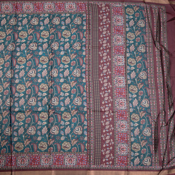 Semi Raw Silk Green Floral Printed Saree 03