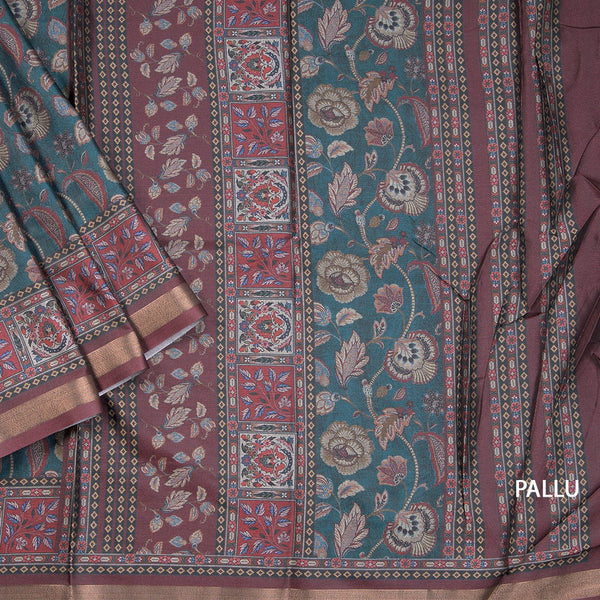 Semi Raw Silk Green Floral Printed Saree 03