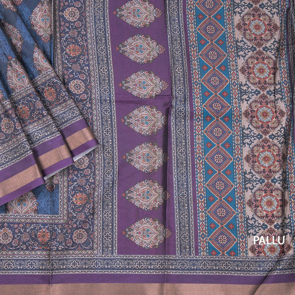 Semi Raw Silk Navy Blue Floral Printed Saree