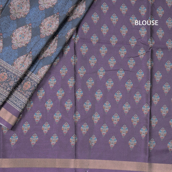 Semi Raw Silk Navy Blue Floral Printed Saree