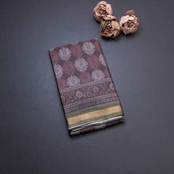 Semi Raw Silk Brown Floral Printed Saree 03