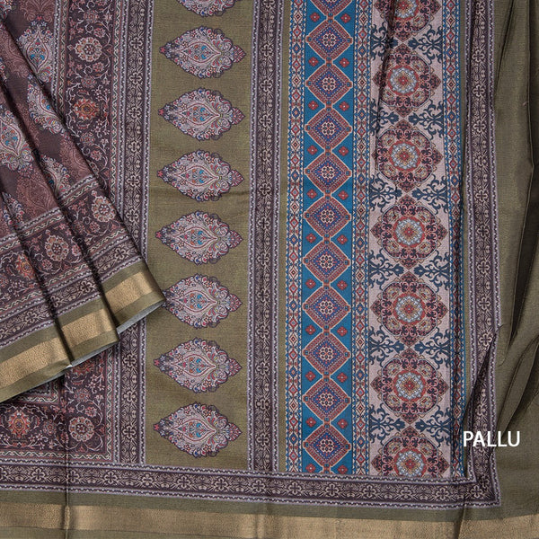 Semi Raw Silk Brown Floral Printed Saree 03