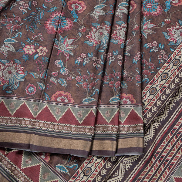 Semi Raw Silk Brown Floral Printed Saree 02