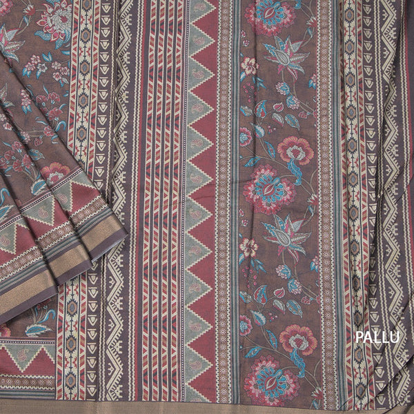 Semi Raw Silk Brown Floral Printed Saree 02