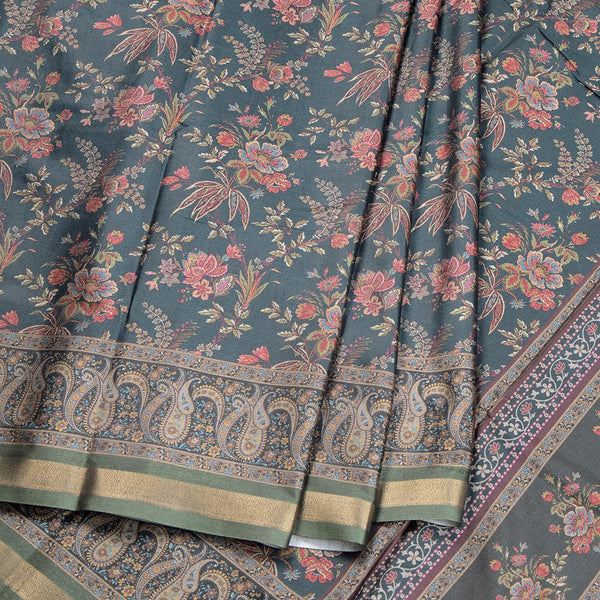 Semi Raw Silk Green Floral Printed Saree 05
