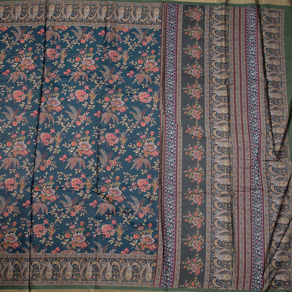 Semi Raw Silk Green Floral Printed Saree 05