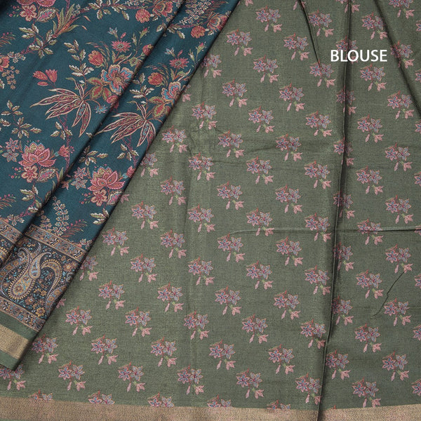 Semi Raw Silk Green Floral Printed Saree 05