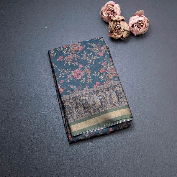 Semi Raw Silk Green Floral Printed Saree 05