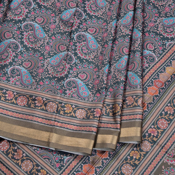 Semi Raw Silk Dark Green Floral Printed Saree 02