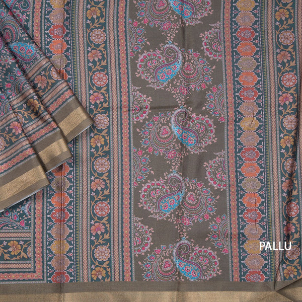 Semi Raw Silk Dark Green Floral Printed Saree 02