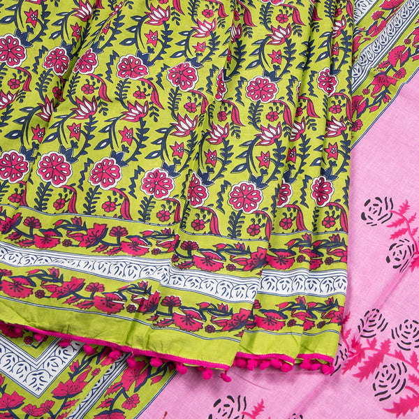 Mul Mul Cotton Parrot Green Floral Printed Saree