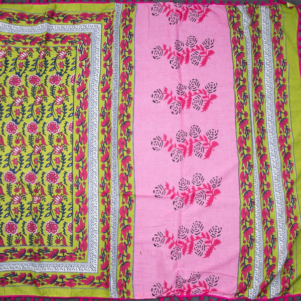 Mul Mul Cotton Parrot Green Floral Printed Saree