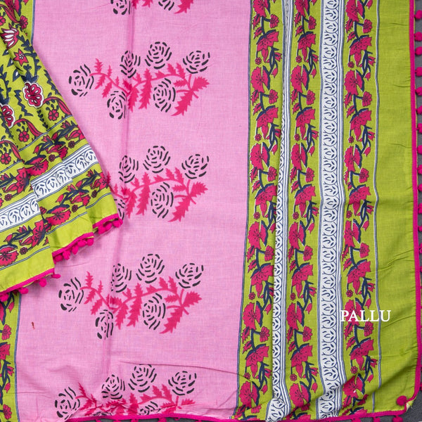 Mul Mul Cotton Parrot Green Floral Printed Saree