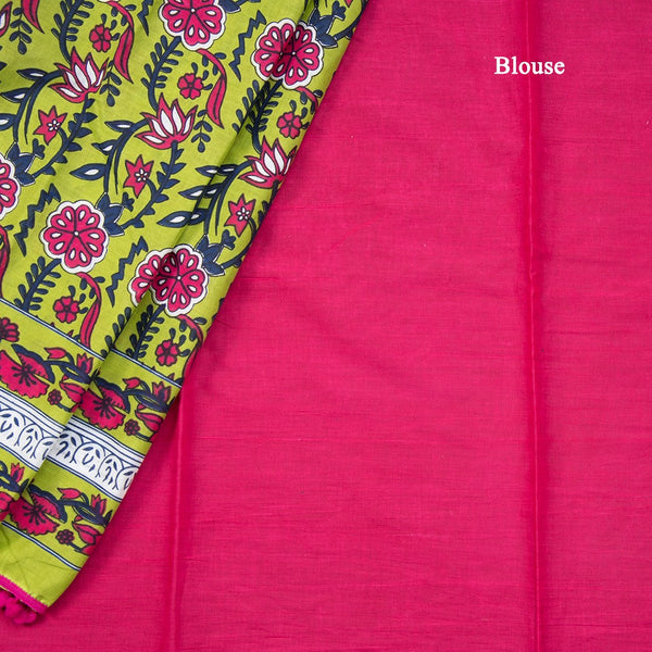 Mul Mul Cotton Parrot Green Floral Printed Saree