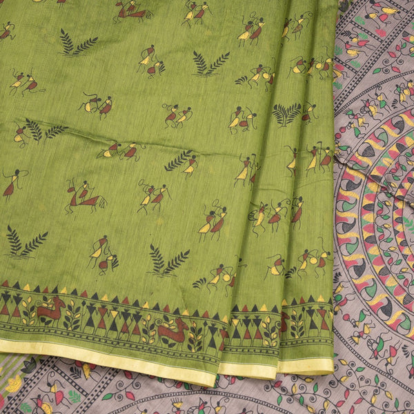 Semi Linen Olive Green Printed Saree 02