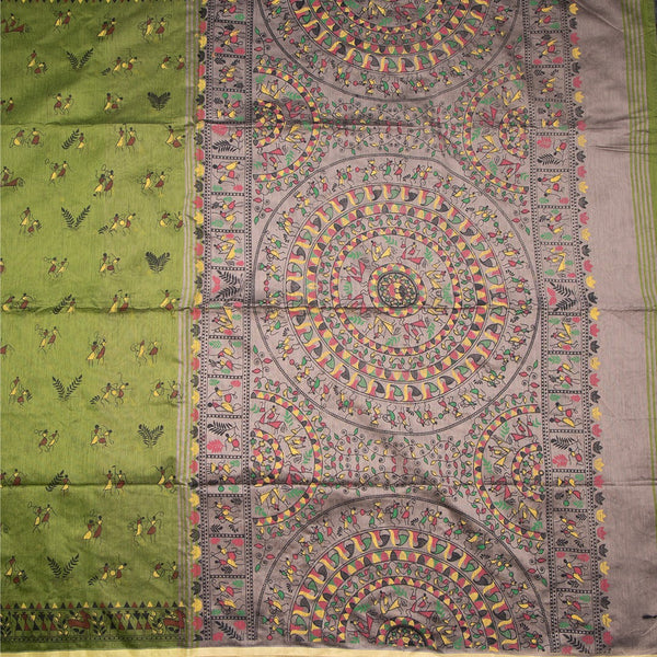 Semi Linen Olive Green Printed Saree 02
