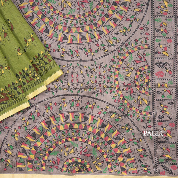 Semi Linen Olive Green Printed Saree 02