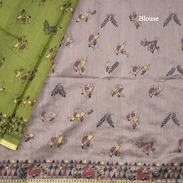 Semi Linen Olive Green Printed Saree 02