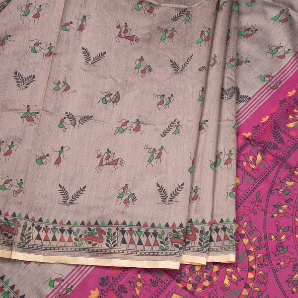 Semi Linen Bone Grey Printed Saree